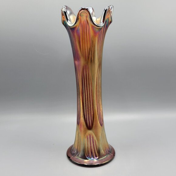 Vtg Fenton Carnival Glass Vase Iridescent Diamond Rib Pattern Art Deco 10.25" - Picture 2 of 11
